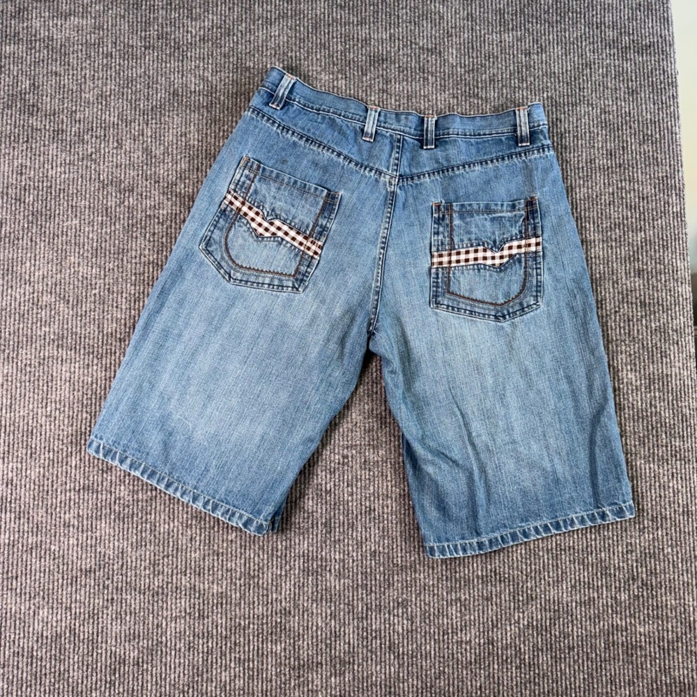 VTG Evolution‎ in Design Mens 38 Denim Jean Shorts Plaid Pocket Y2K Baggy Skater